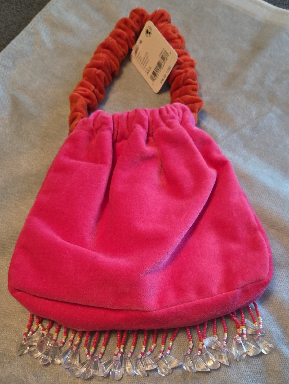 Free People Hot Pink Velvet Mini Bag with Rust Scrunch Handle & Beaded Fringe
